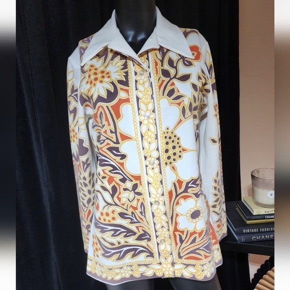 TRUE 70s Vintage Psychedelic Floral Button Down Shirt Cream Gold Rust Disco Boho
