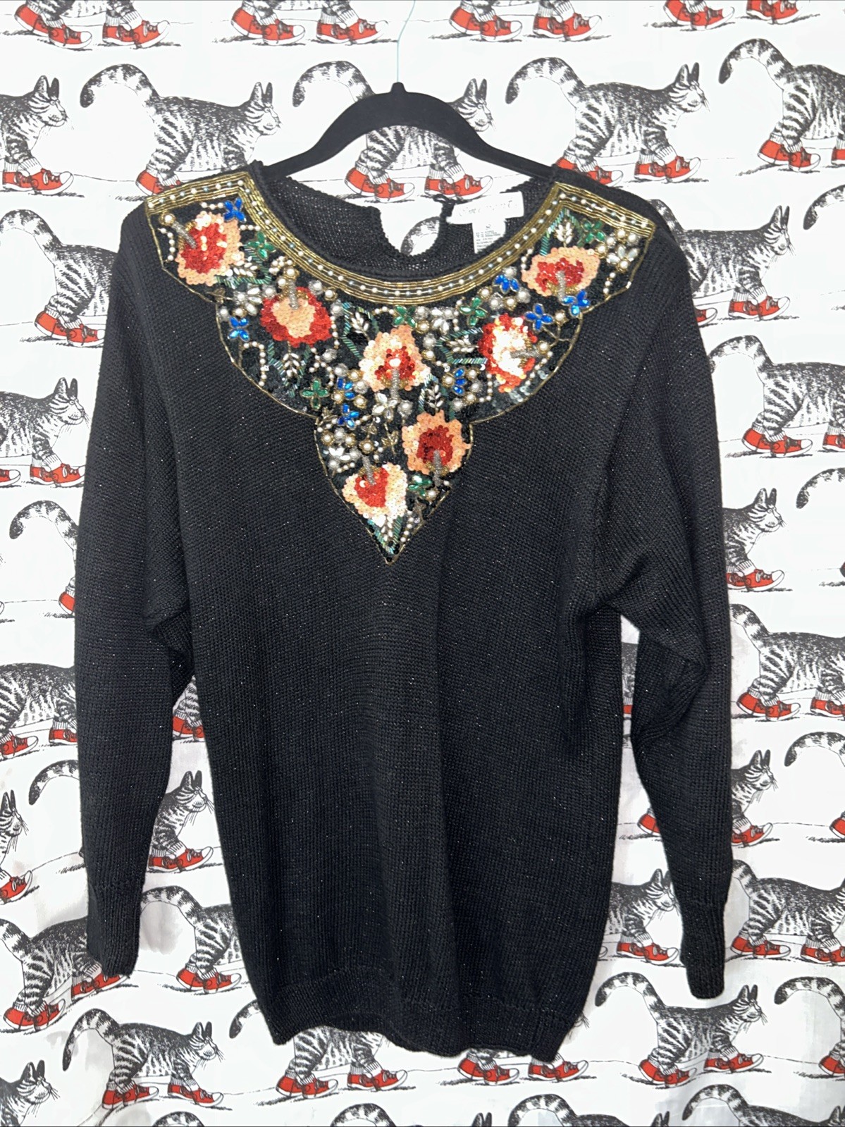 Eminent Sweater & Skirt Set Black Size M Gold Flower Beaded Embellished Top 80s