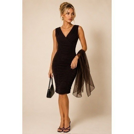 Vintage 90’s Tadashi Women’s Brown Ruched Bodycon Dress V-Neck Cocktail SizeXS