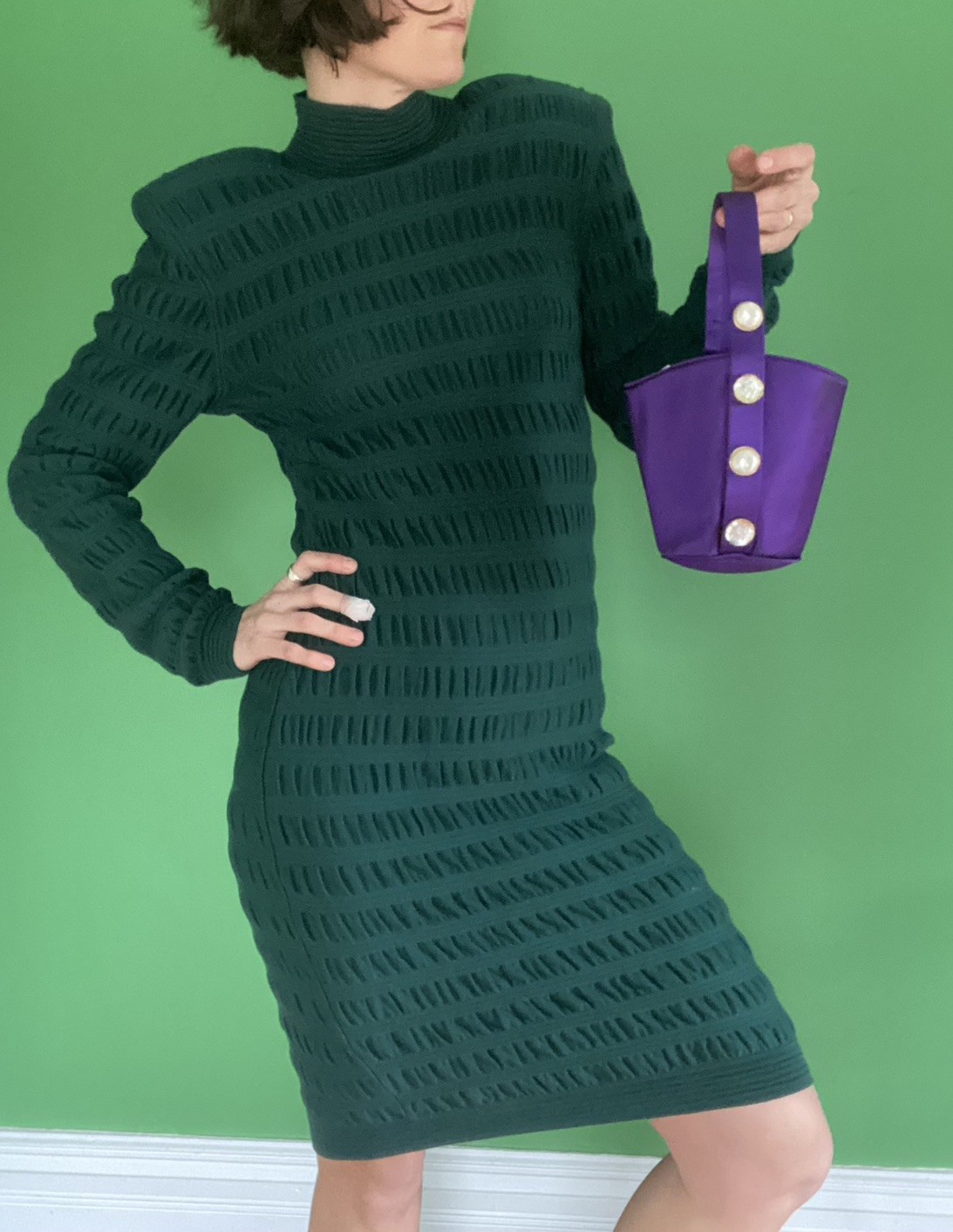 Vintage 80s Ungaro Parallele Paris wool Green ribbed Knit bodycon Dress