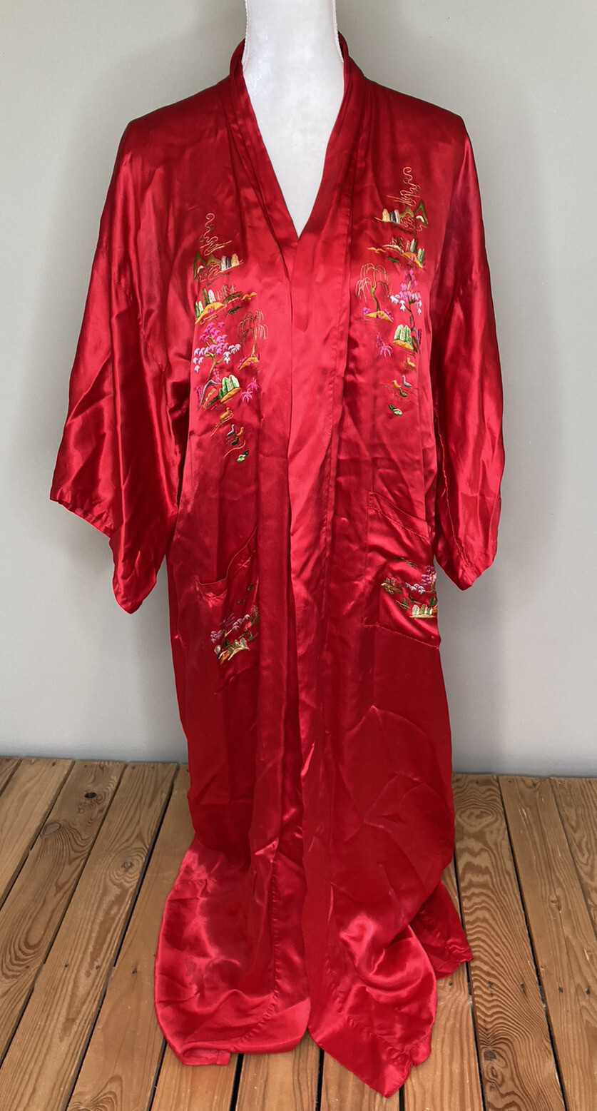 Golden bee Women’s Vintage Open front Embroidered Chinese kimono Sz L Red H5