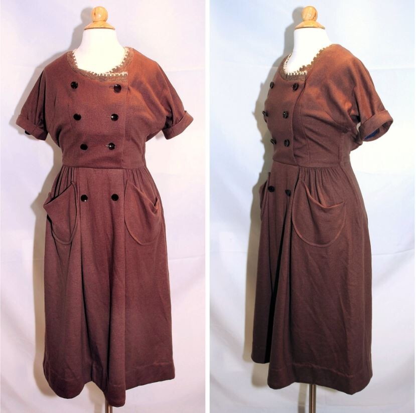Vintage 1960’s Helen Whiting Brown Wool Day Dress Button Front XS/S Swiss Miss
