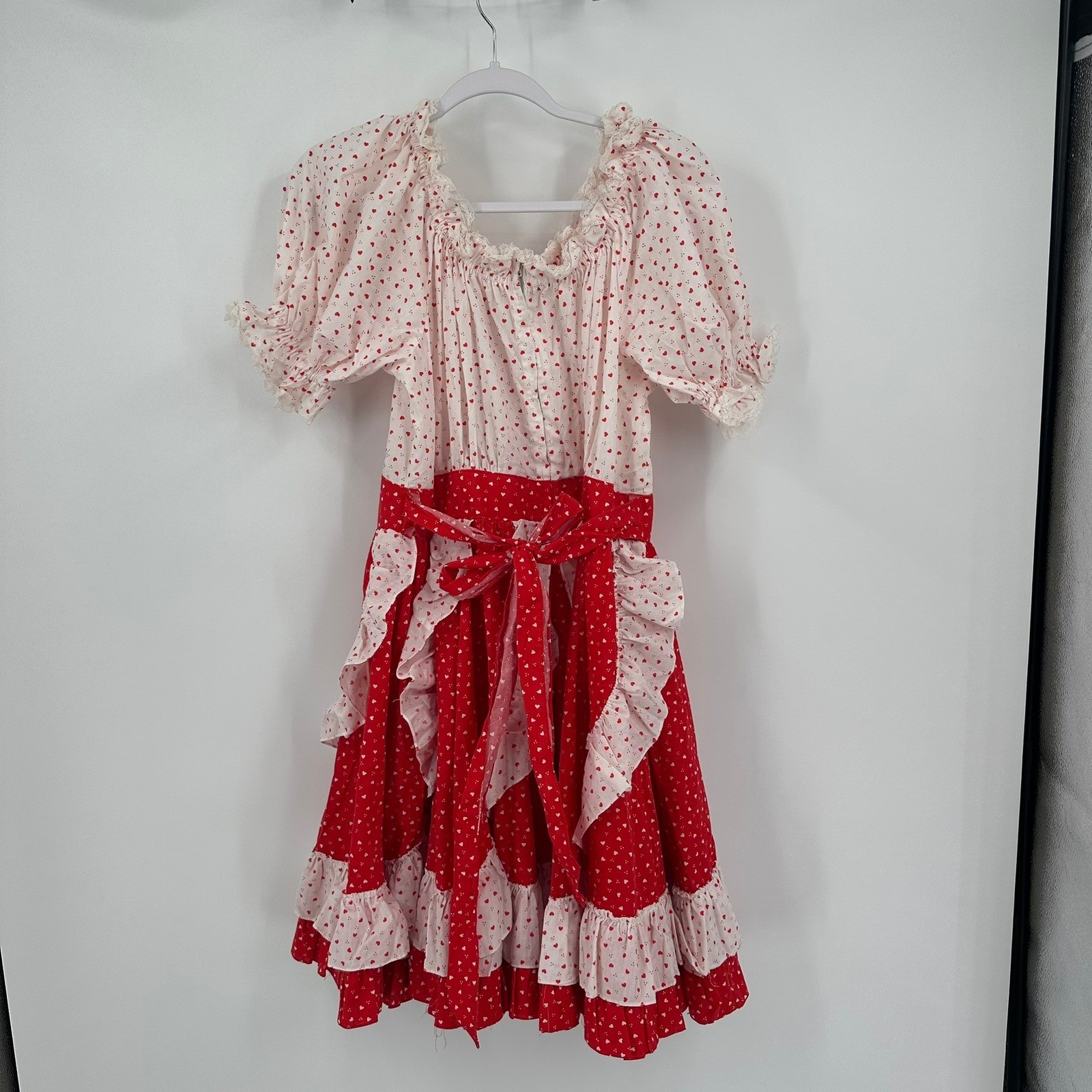 Vintage Womens Rockabilly Square Dance Dress Sz S Heart Print Ruffle Pinup Folk