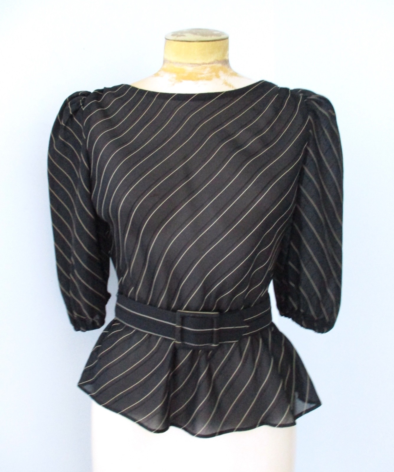 Vtg 70s 80s Black Pinstripe Semi Sheer 2-Pc Secretary Skirt Peplum Top Suit 5