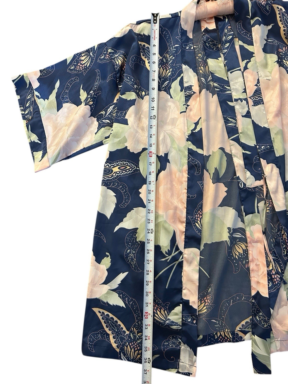 Vintage Satin Shiny Bell Angel Sleeve Kimono Robe Peach/Blush & Blue Floral