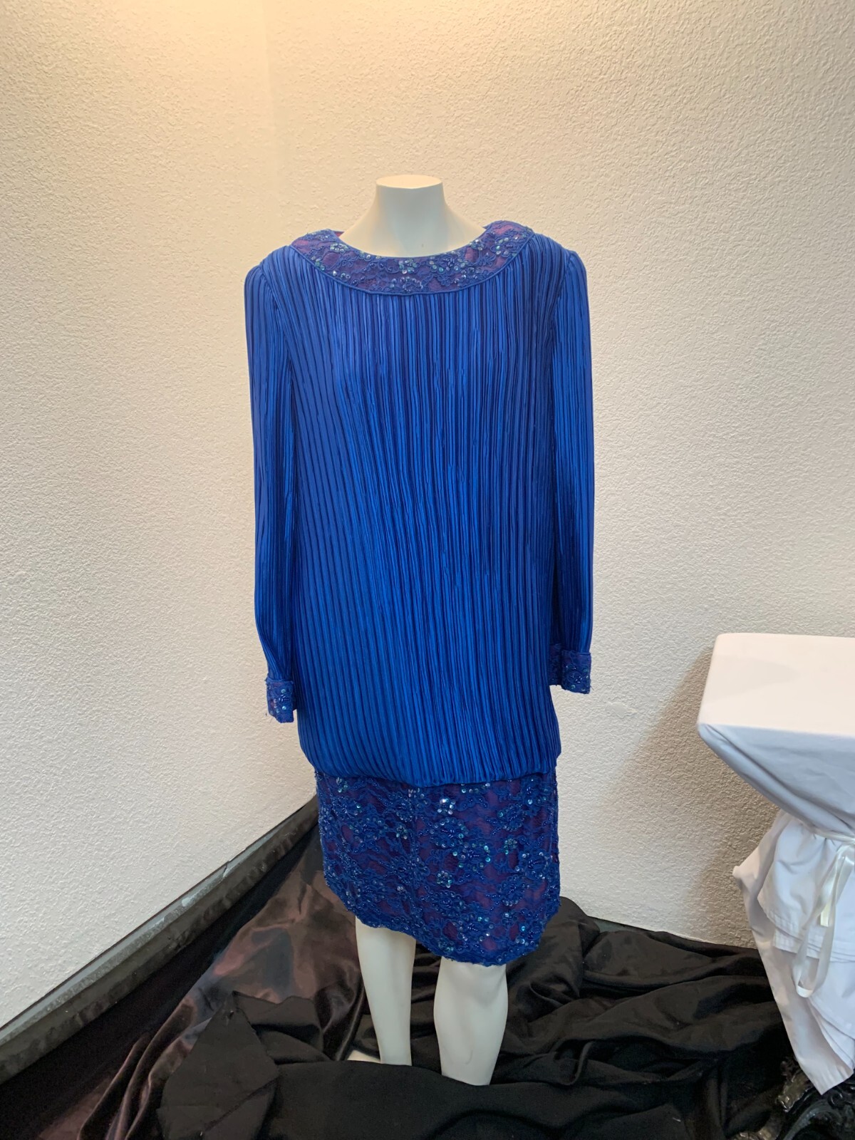 Vintage 80s George F Couture NY size 18 plisse pleated dress blue pre owned