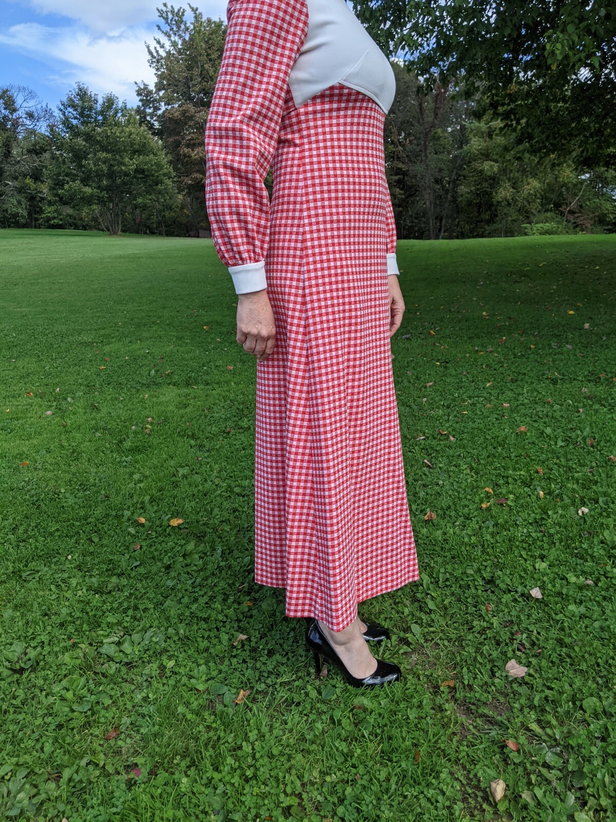 Vintage 1970s Primitive Country Cottagecore Dress Red Check Gingham Sz S