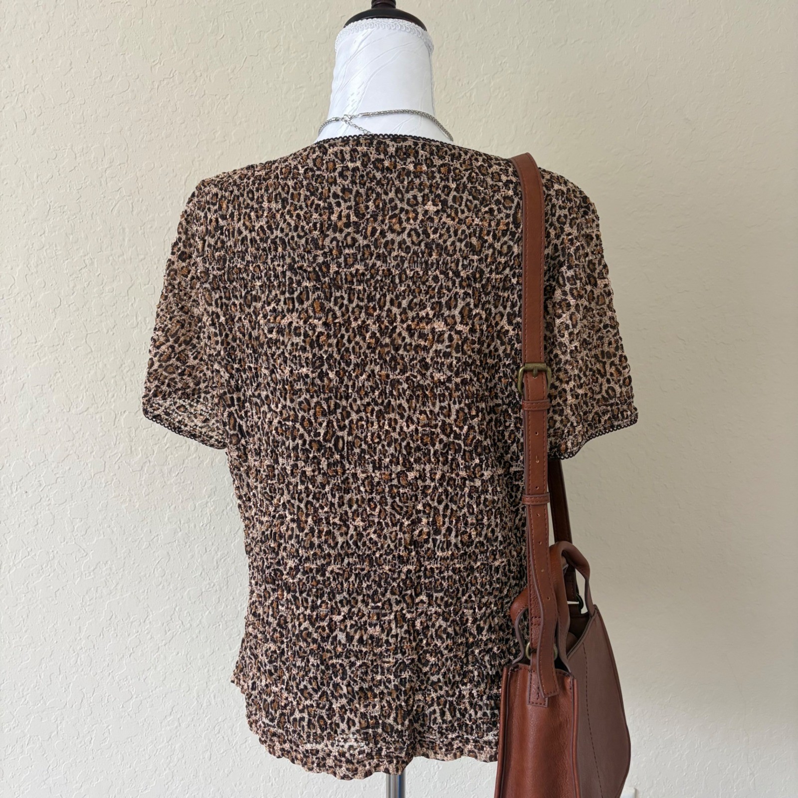 Vintage Y2K East 5th Leopard Print Smocked Blouse Stretch Square Neck Top XL