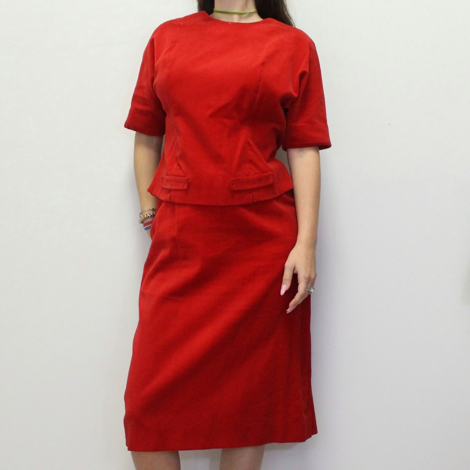 Vintage 60s Red Velvet Outfit Set Matching Skirt and Top Madison Wardrobe Maker