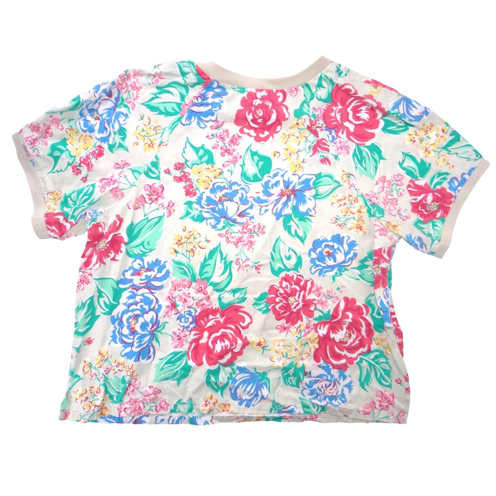 Vintage Lilys of Beverly Hills Floral Short Sleeve Top Cream Pink Blue Small