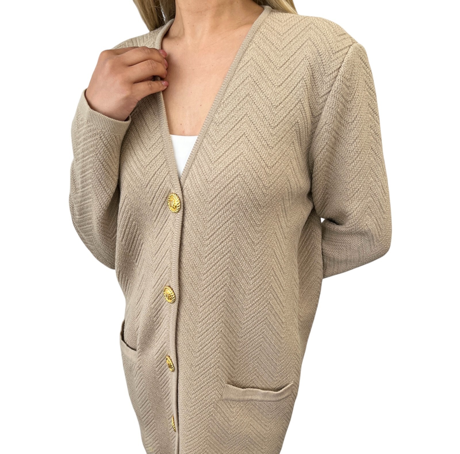 CELINE Vintage Macadam Logo Rib Knit Cardigan #38 Button Light Brown Gold Wool