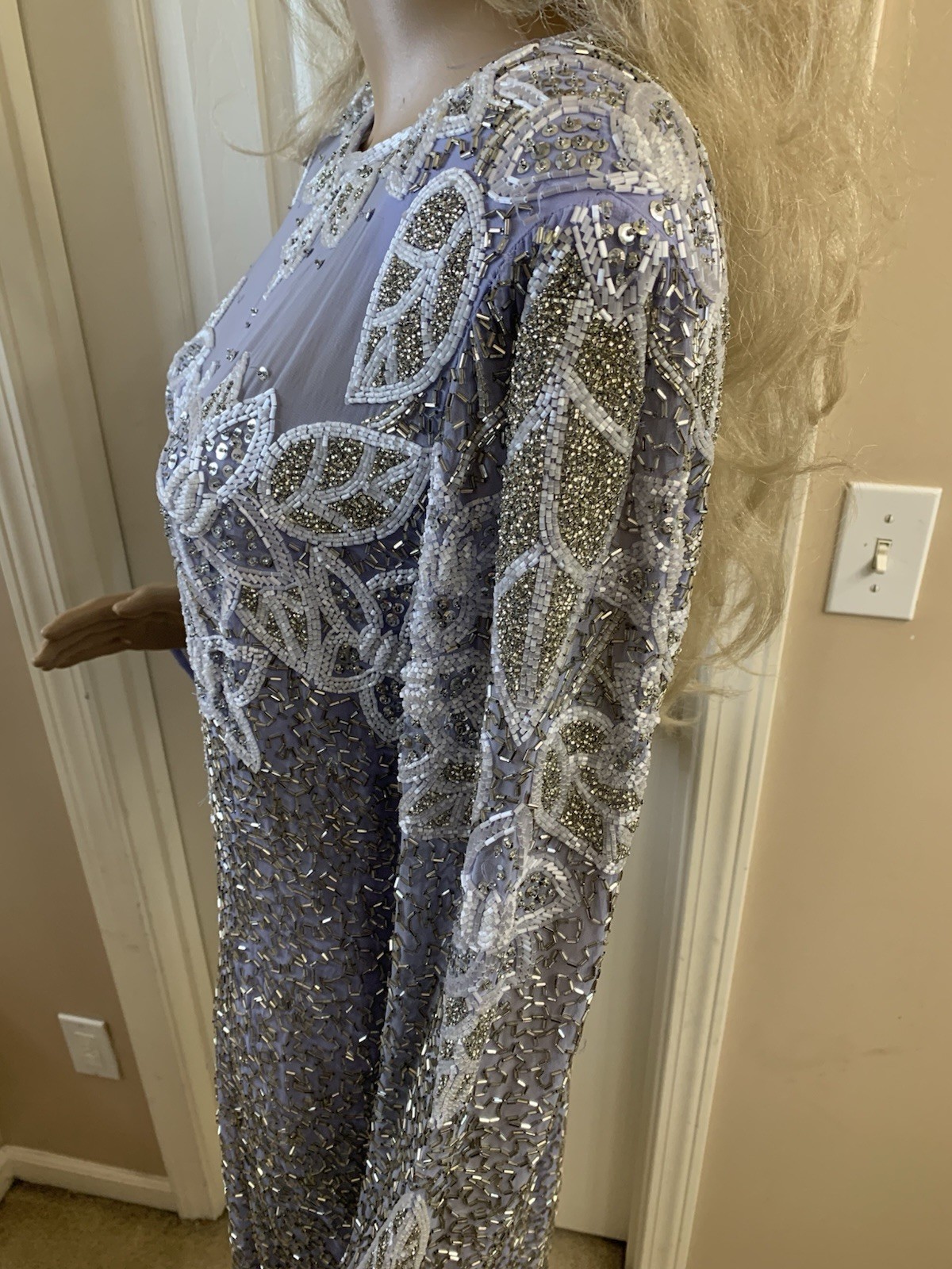 Vintage 80’s Lavender Purple Silver Sequin White Beaded Formal Church Dress