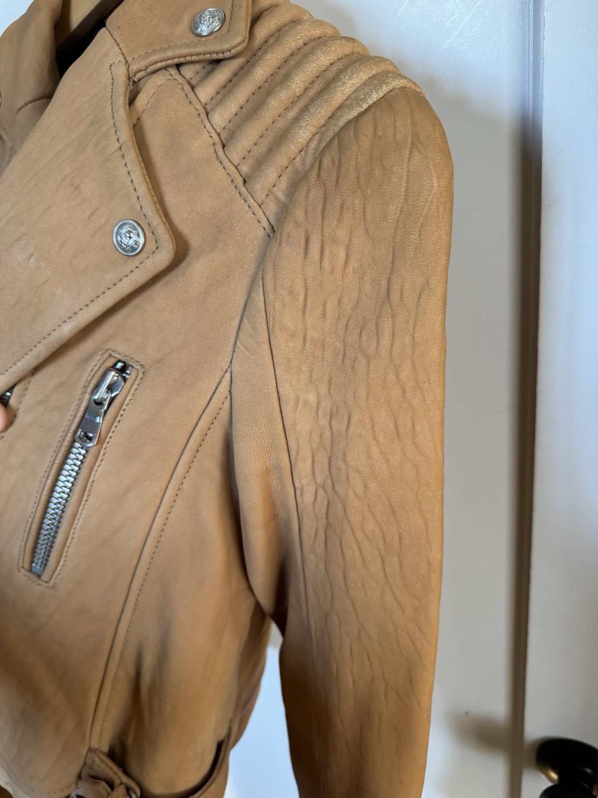 The Kooples Women’s Camel Leather Motorcycle Spring Fall Jacket S Small