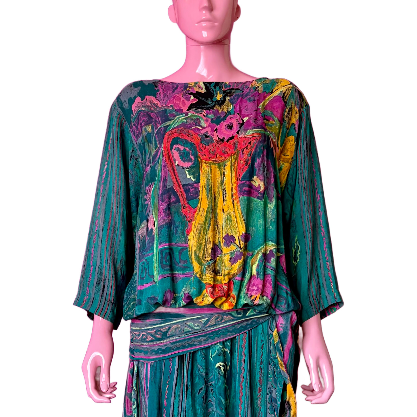 Vintage 80s 8 Midi Dress Dropwaist Teal Multi Abstract Floral Sash Long Sleeves