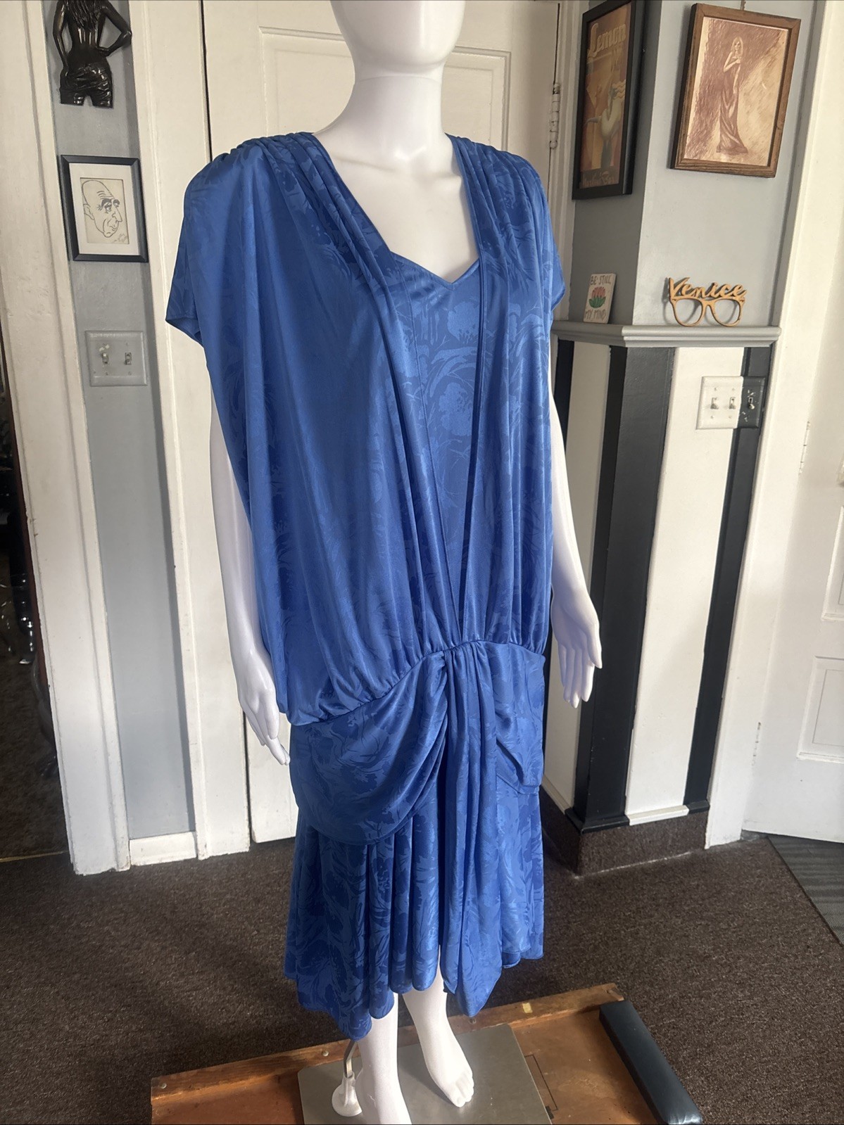 80s RICCARDO Drop Waist Dress Blue Size 16.5 USA made Silky Floral Shoulder Pads