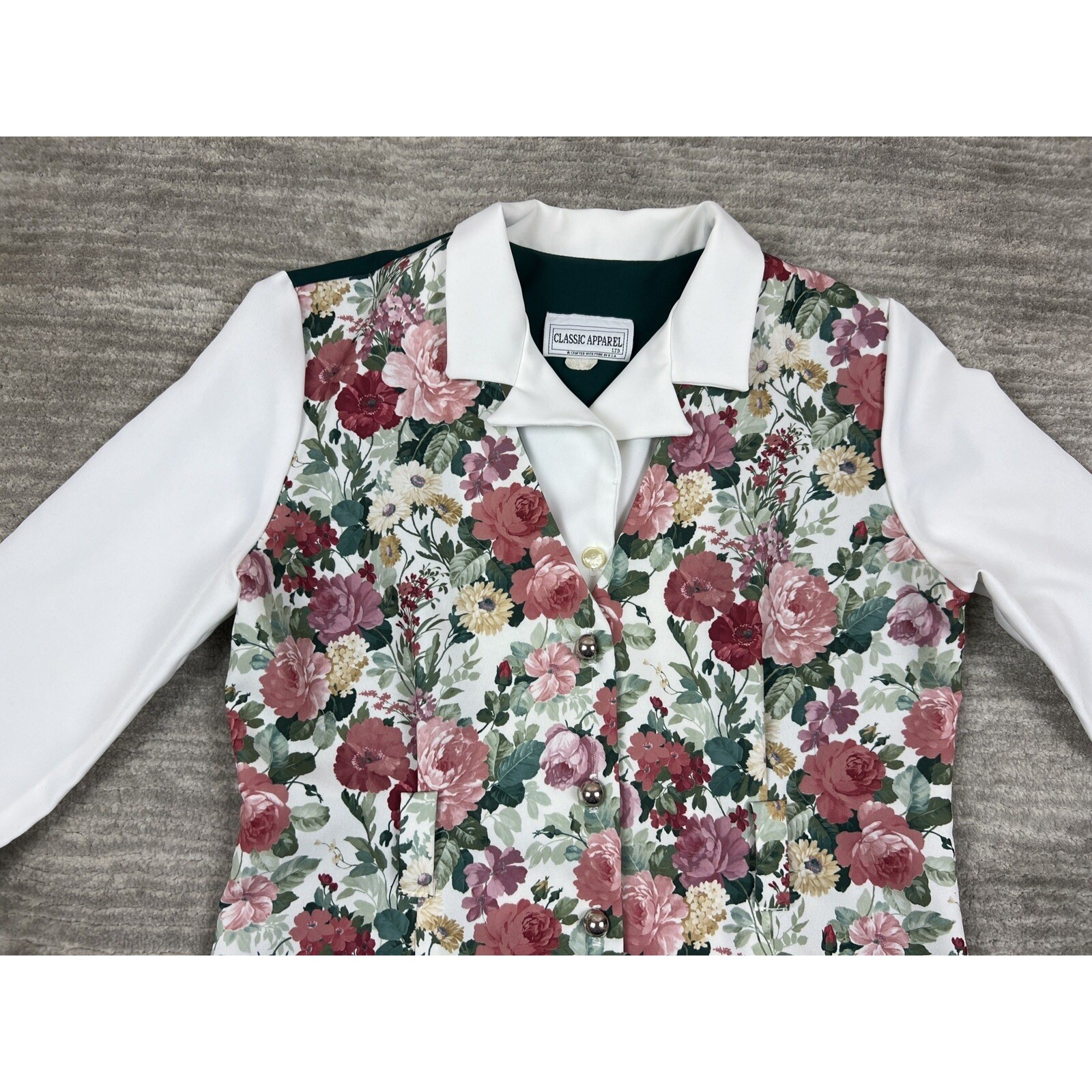 Classic Apparel Jacket Womens 12 White Floral Rose Print 3/4 Sleeve Button Front
