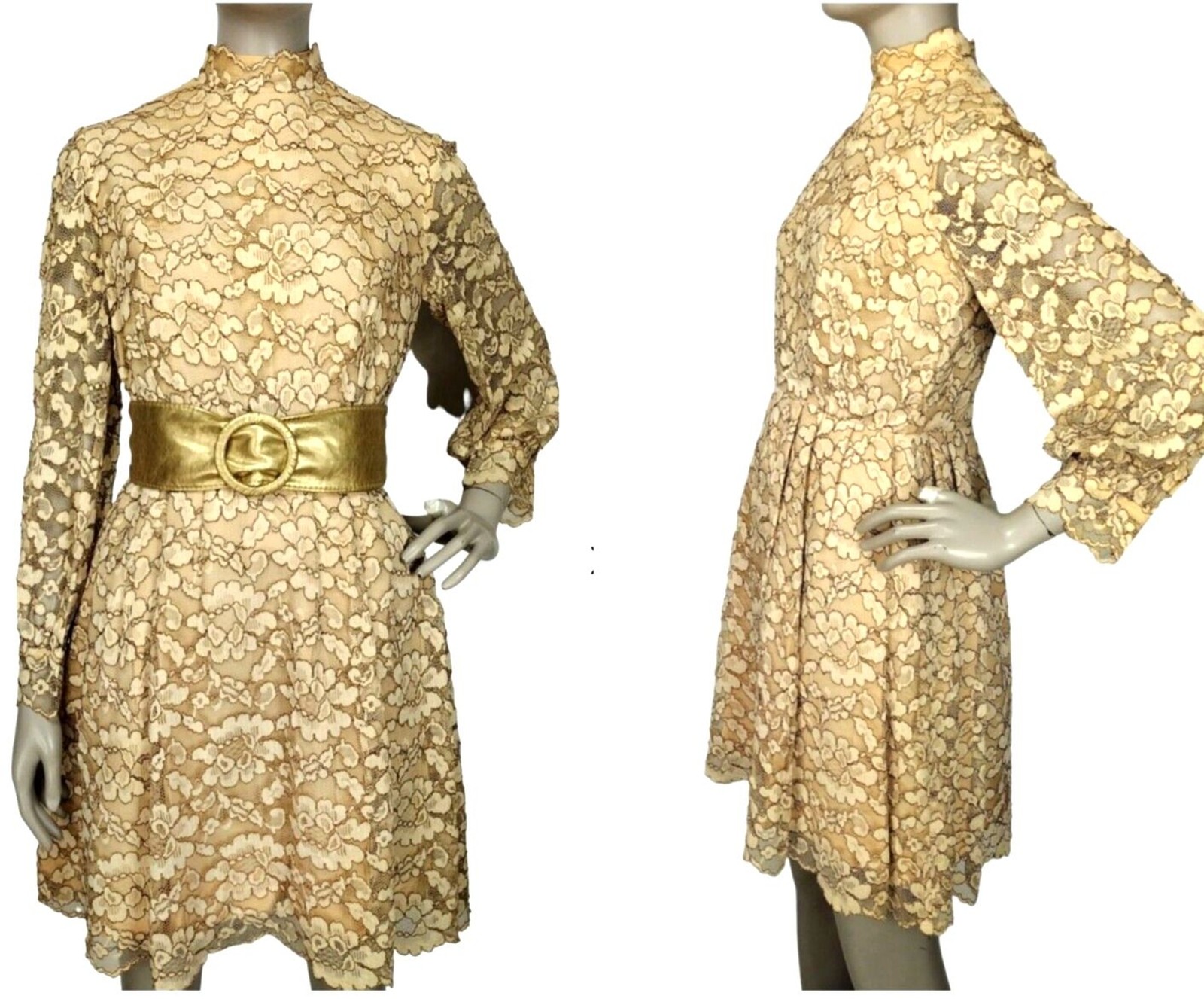 Vintage 60s Beige Gold Floral Lace Scalloped Edge Balloon Sleeve Mini Dress