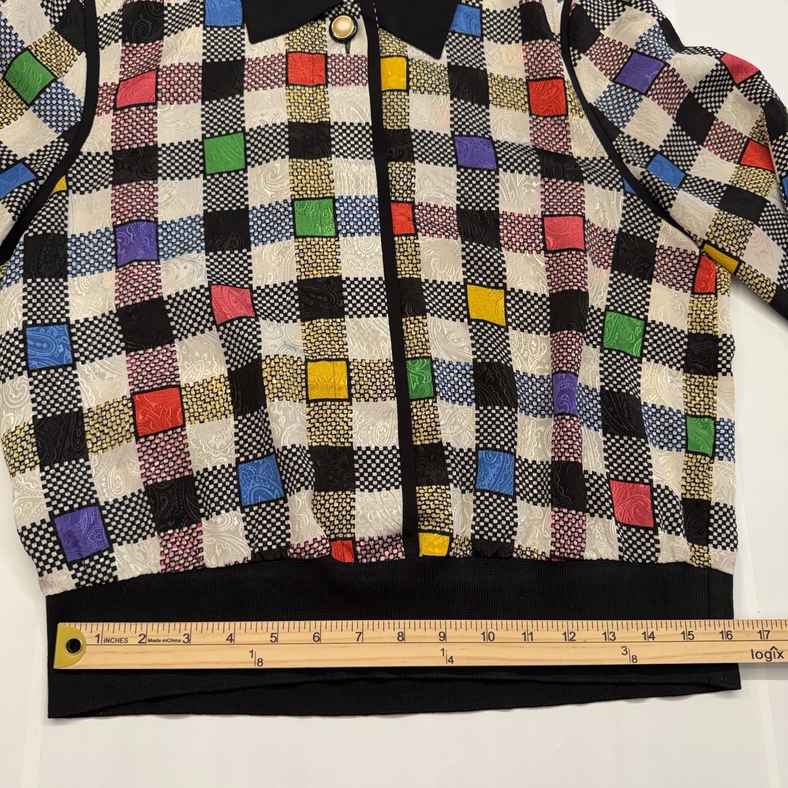 Vtg Geometric Colorblock Polyester Andrea Gayle Secretary Geek Blouse Sz 14