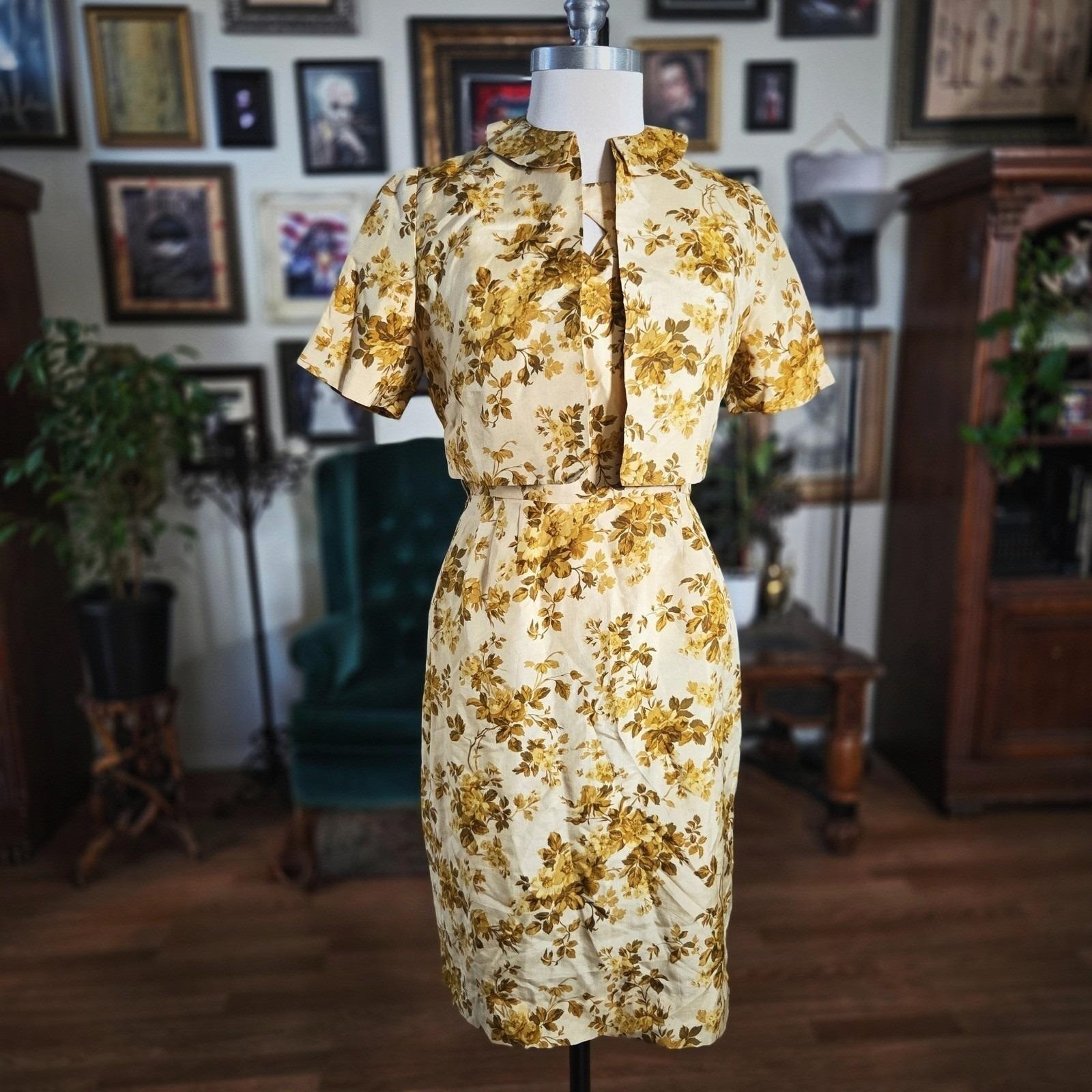 House of Lords Dress Set Vintage 1960s Floral Sheath Jacket Gold Yellow 12 S M