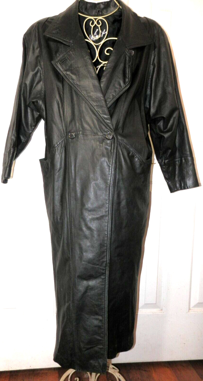 Winlit Women’s Black Leather Vintage Long Maxi Full Length Coat Size Small