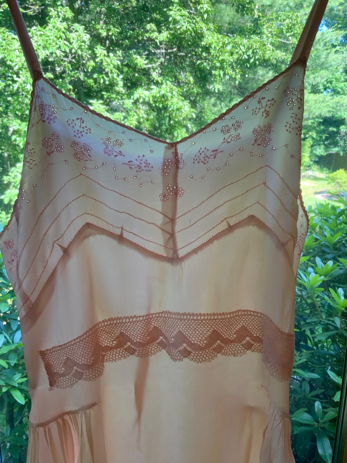 Rare 1930s Blush Pink Satin Boudoir Gown with Embroidery & Ribbon Sash-30DA