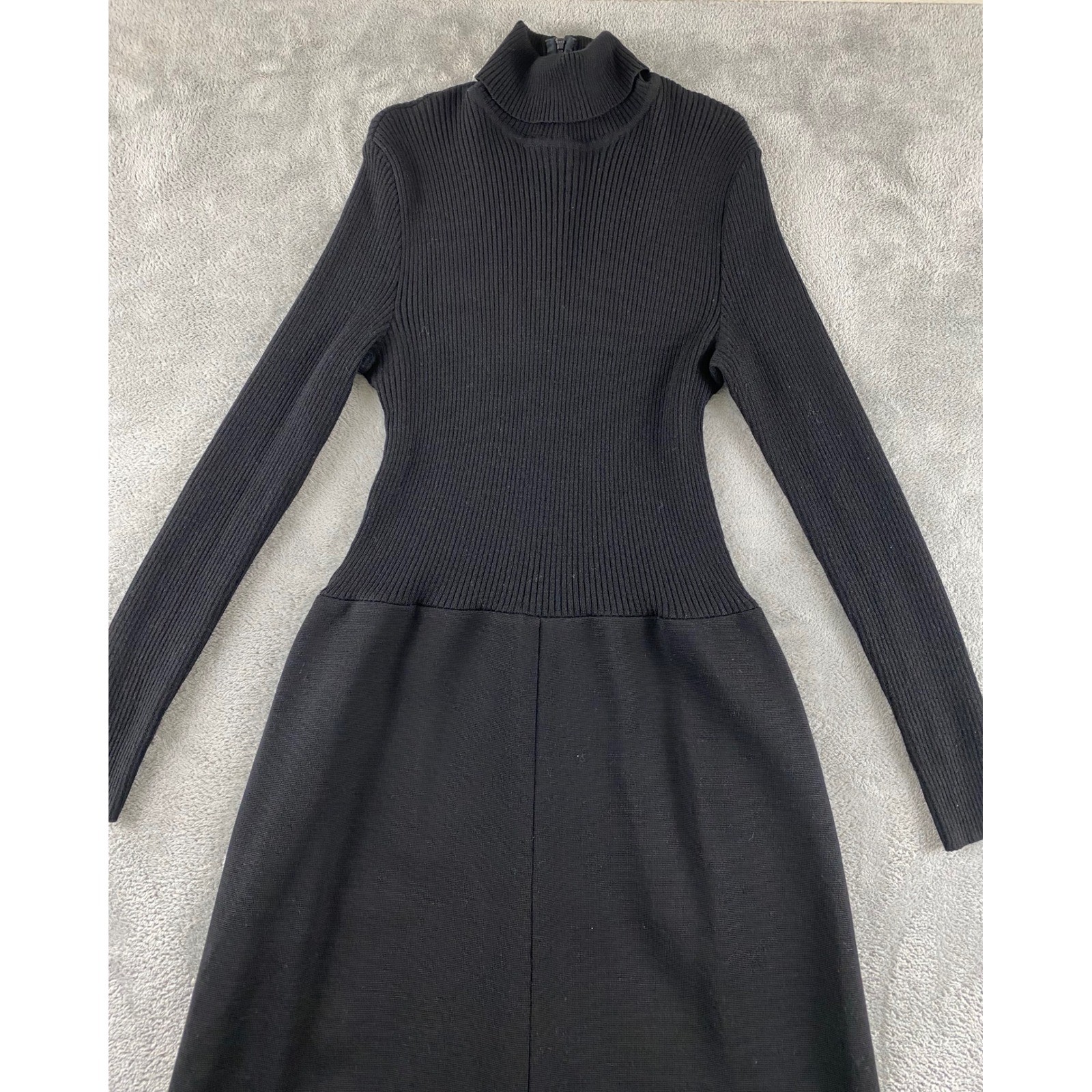 Vintage Sears Knit Boutique Black 100% Wool Turtleneck Ribbed Midi Dress 14