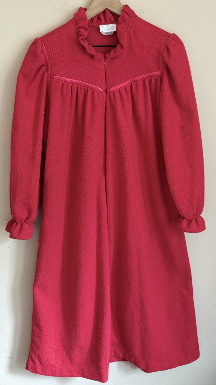 Velour Robe Vintage Zip House Coat Red Ruffle Long Womens Size Small 80s 90s
