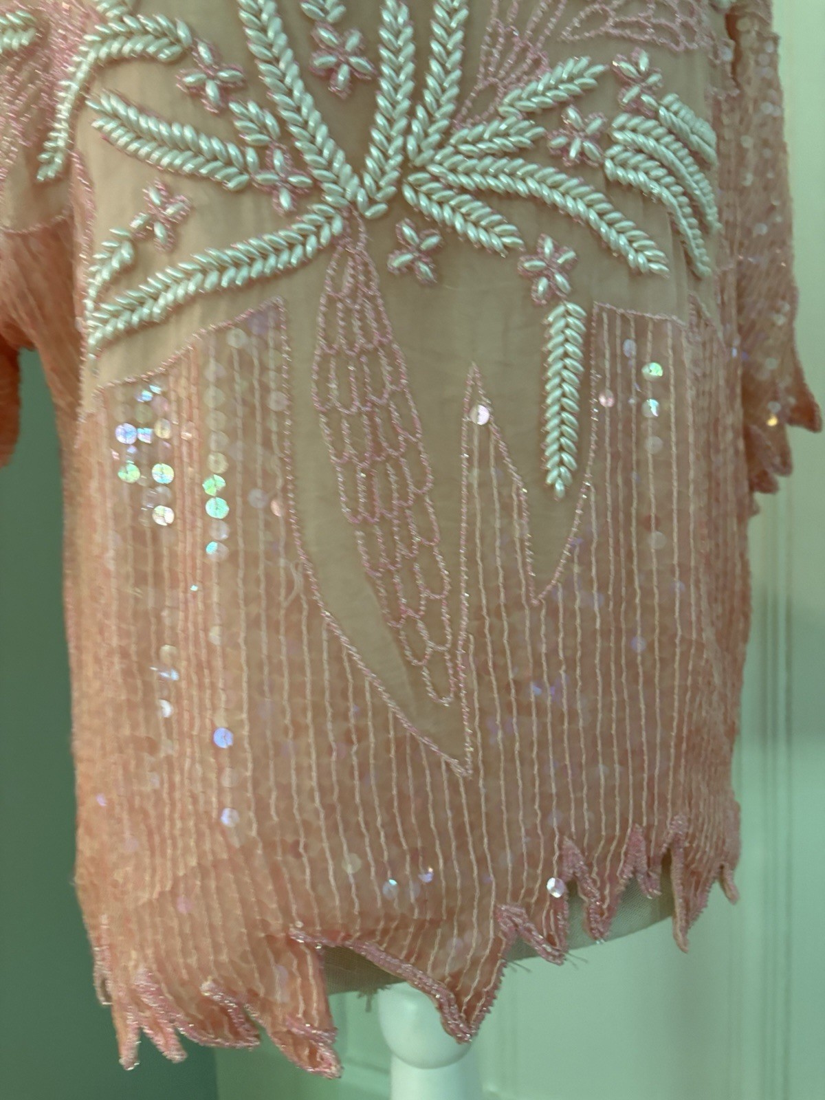 Vintage 80s Hand Beaded 100% Silk Top Pastel Pink Sequin. NWT!M Deadstock. India