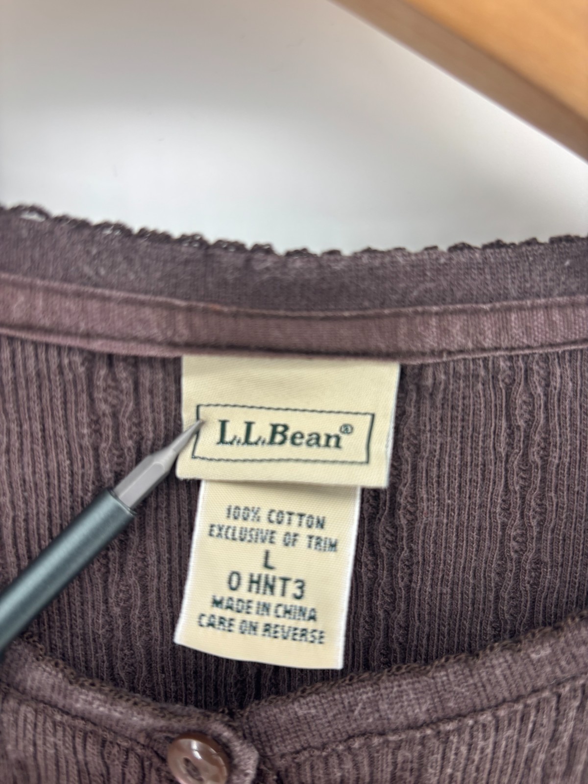 LL Bean T-Shirt Womens Dark Brown Cotton Ribbed Long Sleeve Large Vintage