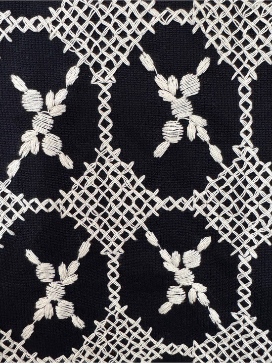 Vintage Nanette Lepore USA Black & Cream Embroidered Cotton Long Jacket Sz 6