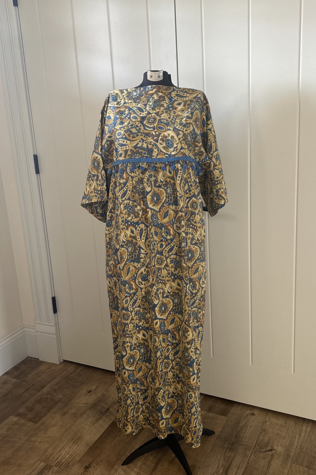 Vintage 1960’s Handmade Gold/Blue Paisley Print Caftan Maxi With Ball Fringe M