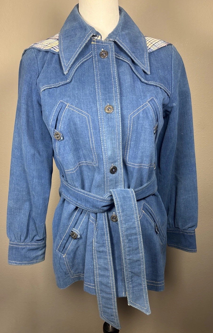 70s Brush Denim Womens Button Front Belted Jacket Blue Kemington Express