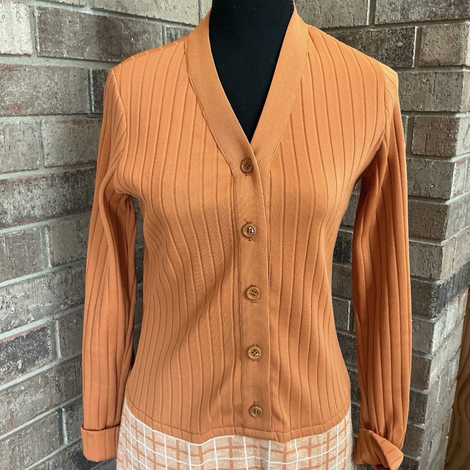 60s 70s VTG Neiman Marcus Orange Knit Plaid Drop Waist Dress Size 10 ILGWU #38D7