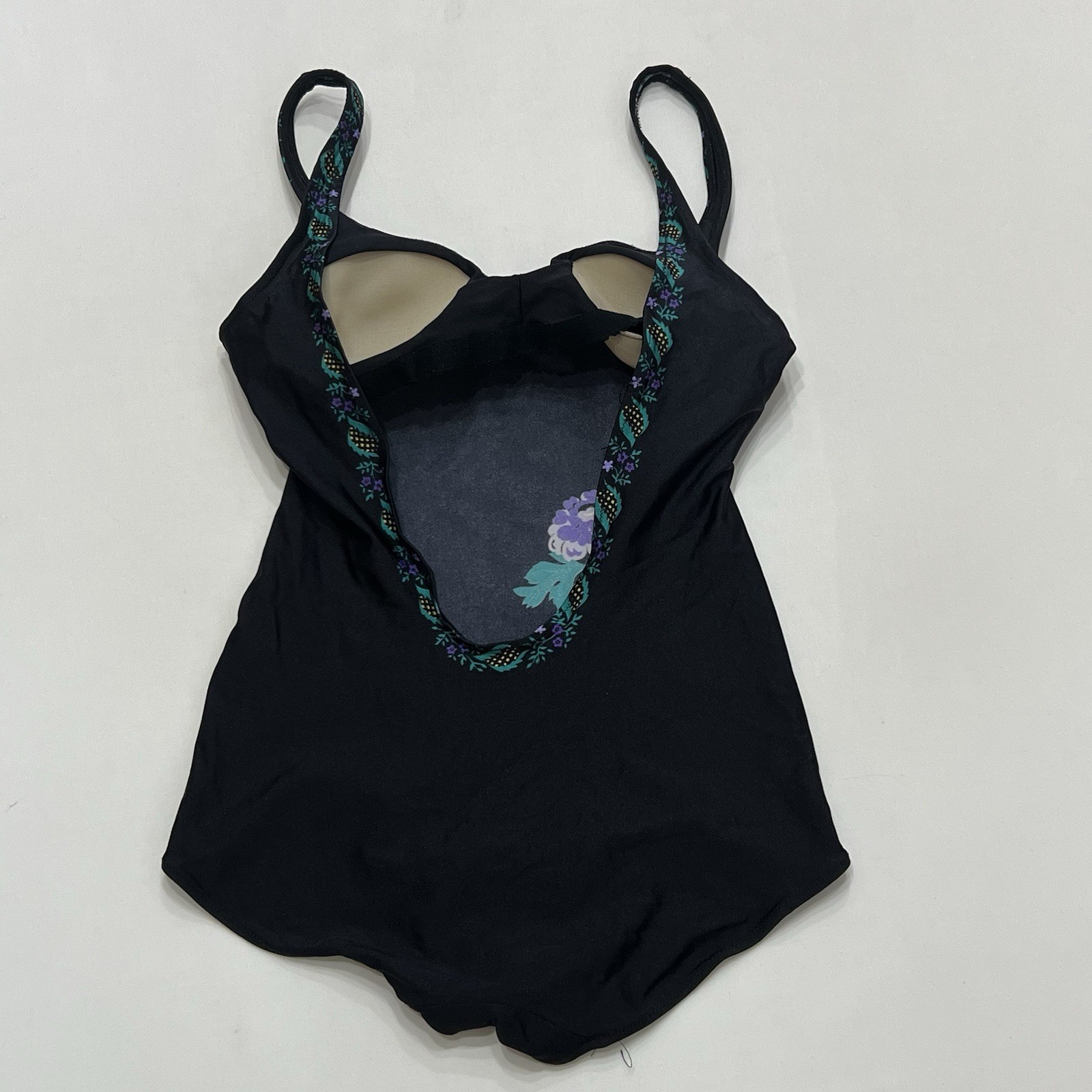 Vintage 1960s Gottex One Piece Swimsuit Sz 12 Black Retro Floral Low Back Pin Up