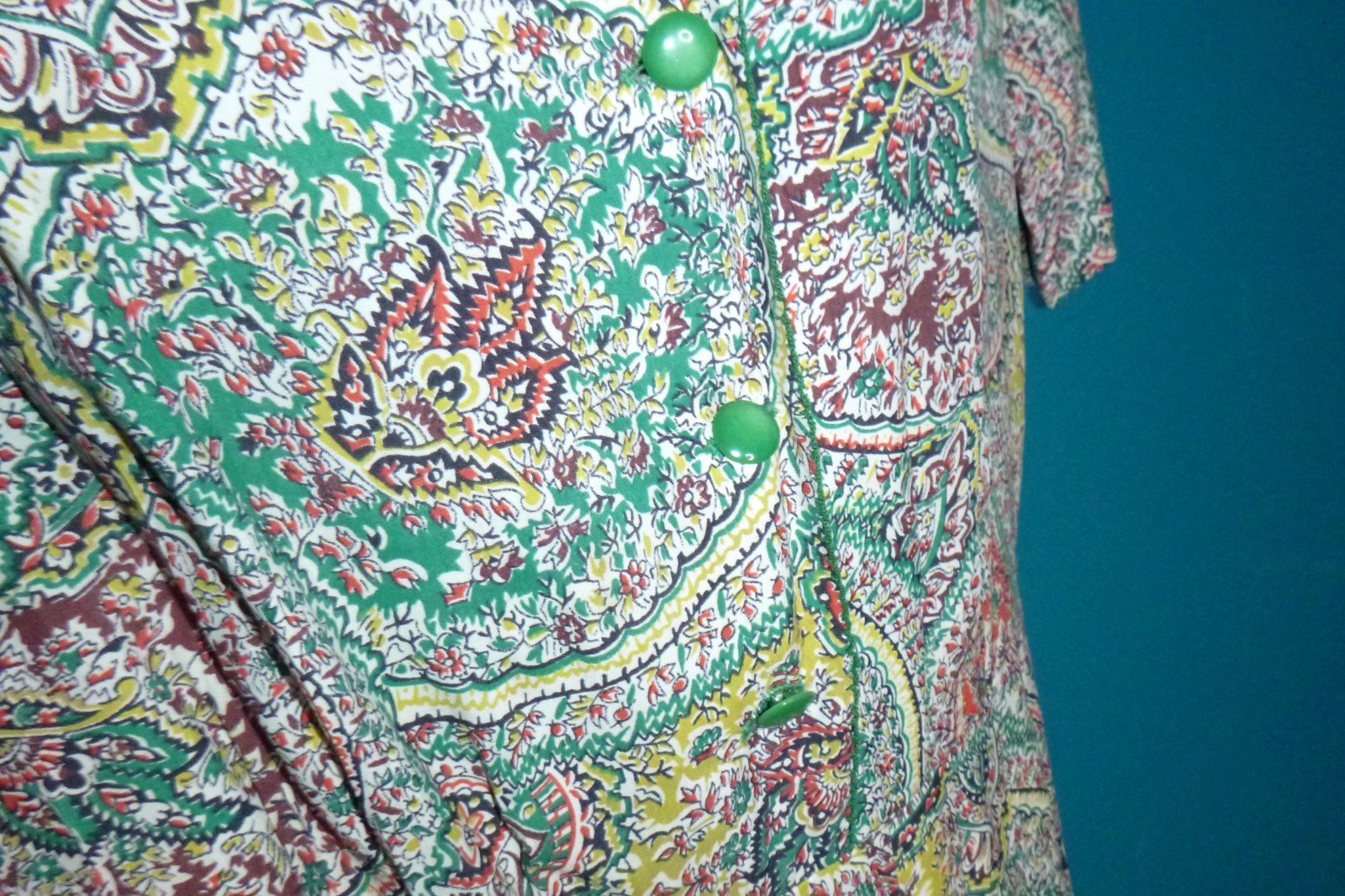 Vtg 40s 50s Georgiana Frocks Rayon Dress Paisley Green Red VOLUP Sz XL