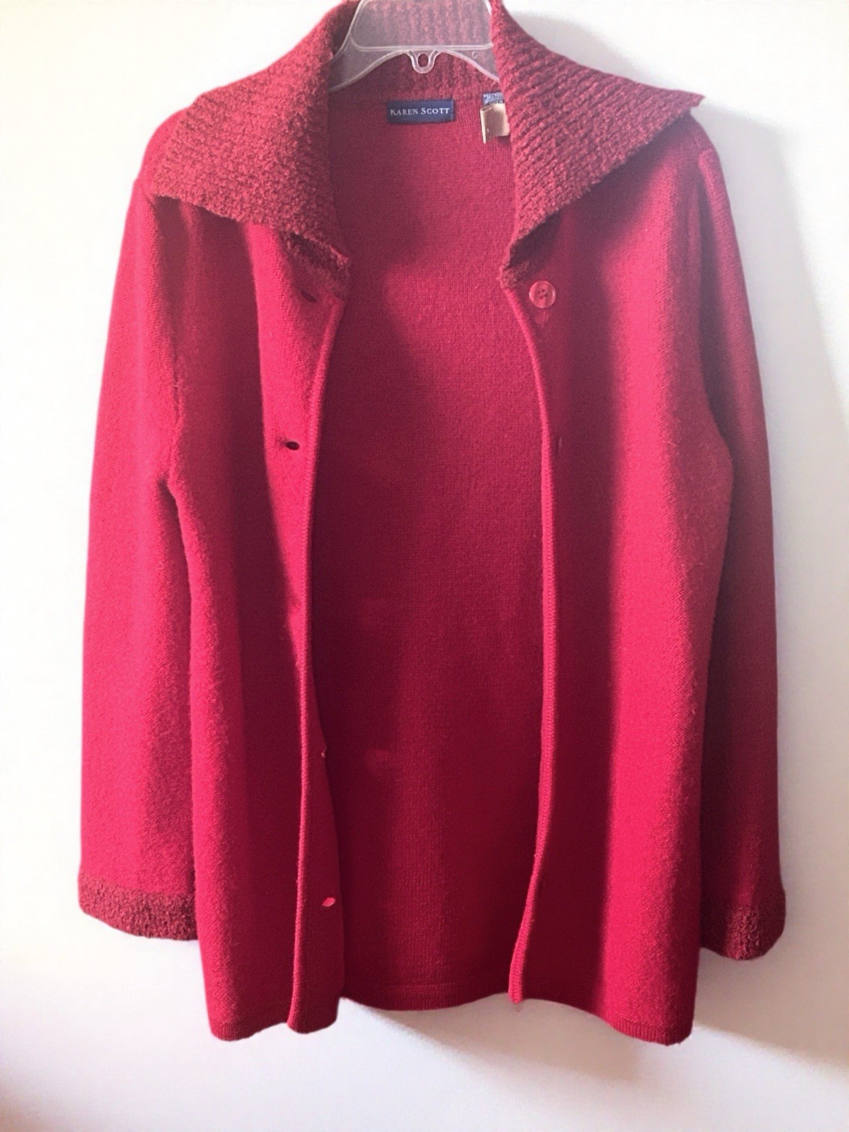 Vintage Karen Scott Wool Button Up Cardigan with Shawl Collar. Medium
