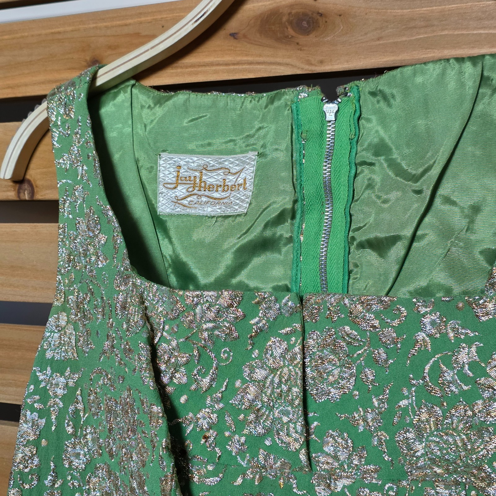Jay Herbert Vintage Apple Green & Gold Brocade Wiggle Dress, XS