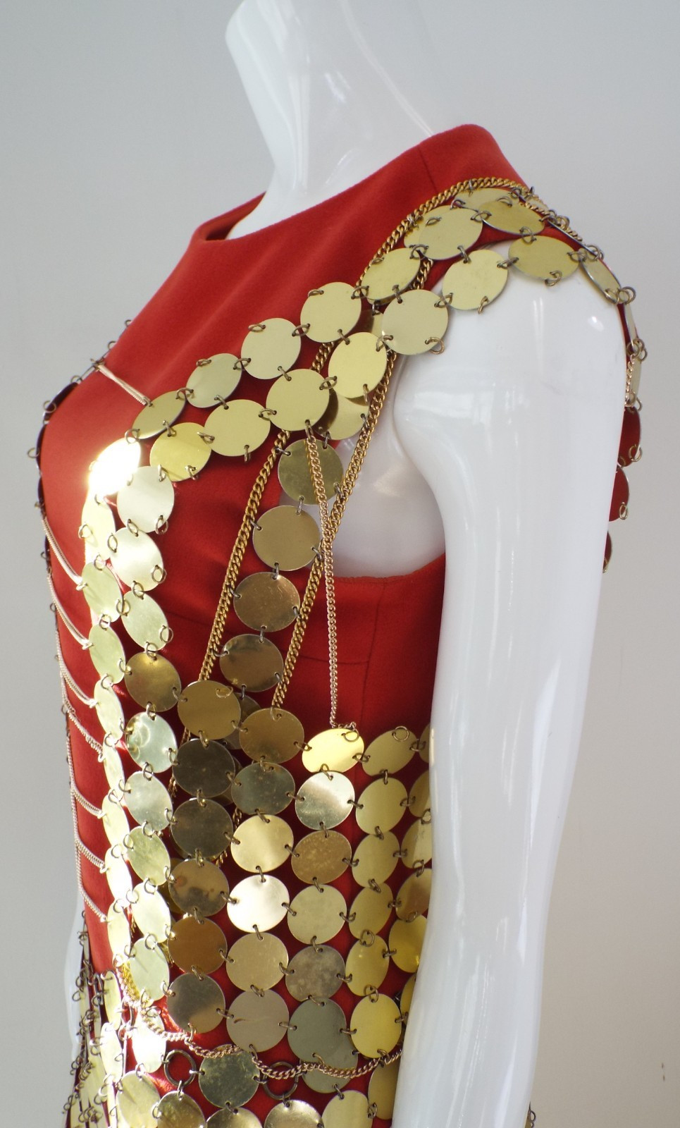 Vintage 1960s Gold Tone Metal Disc Chain Mail Vest Top & Skirt Dress Paillette