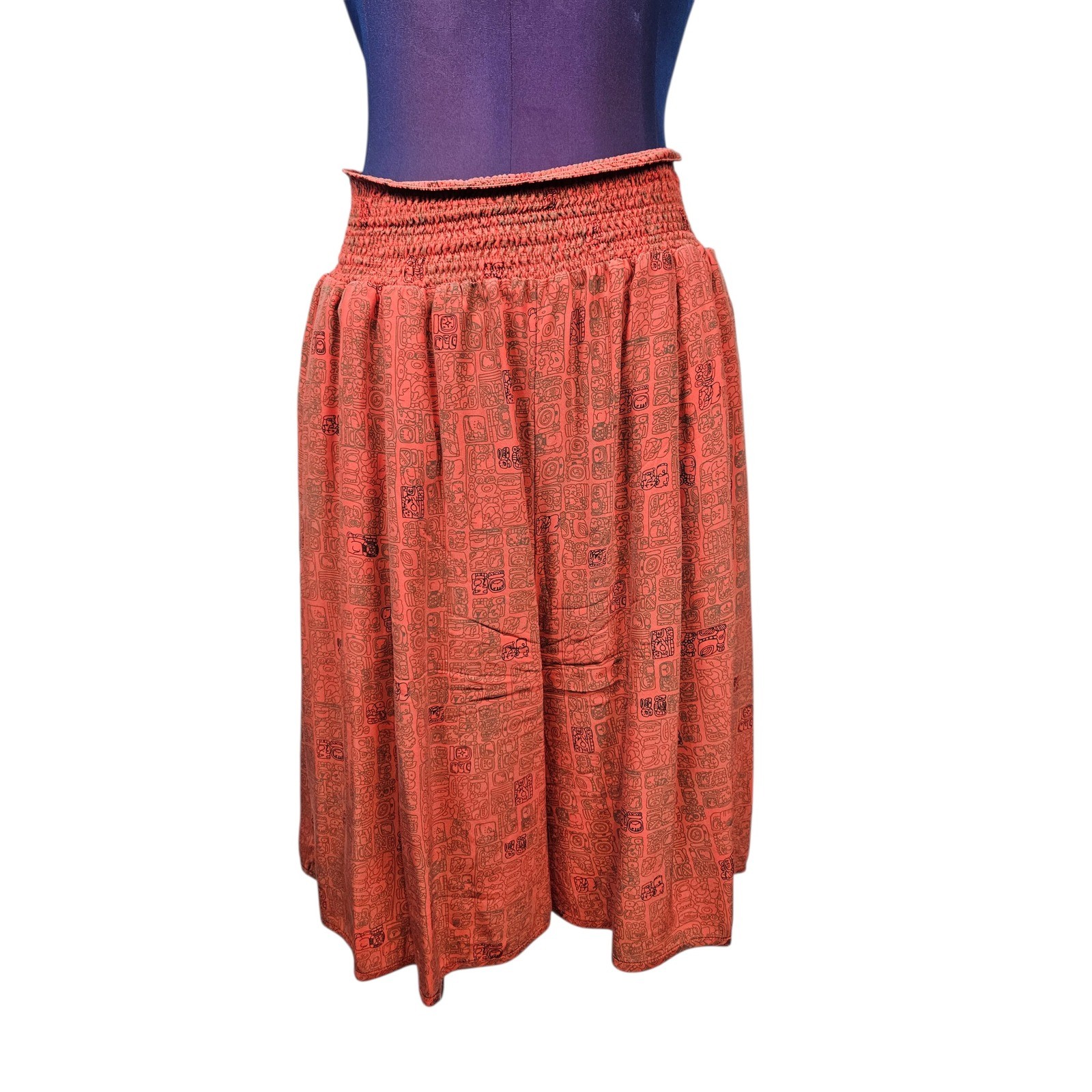 Vintage Silk Terracotta Mayan Glyph Print Tunic & Culottes 2 Piece Set Womens