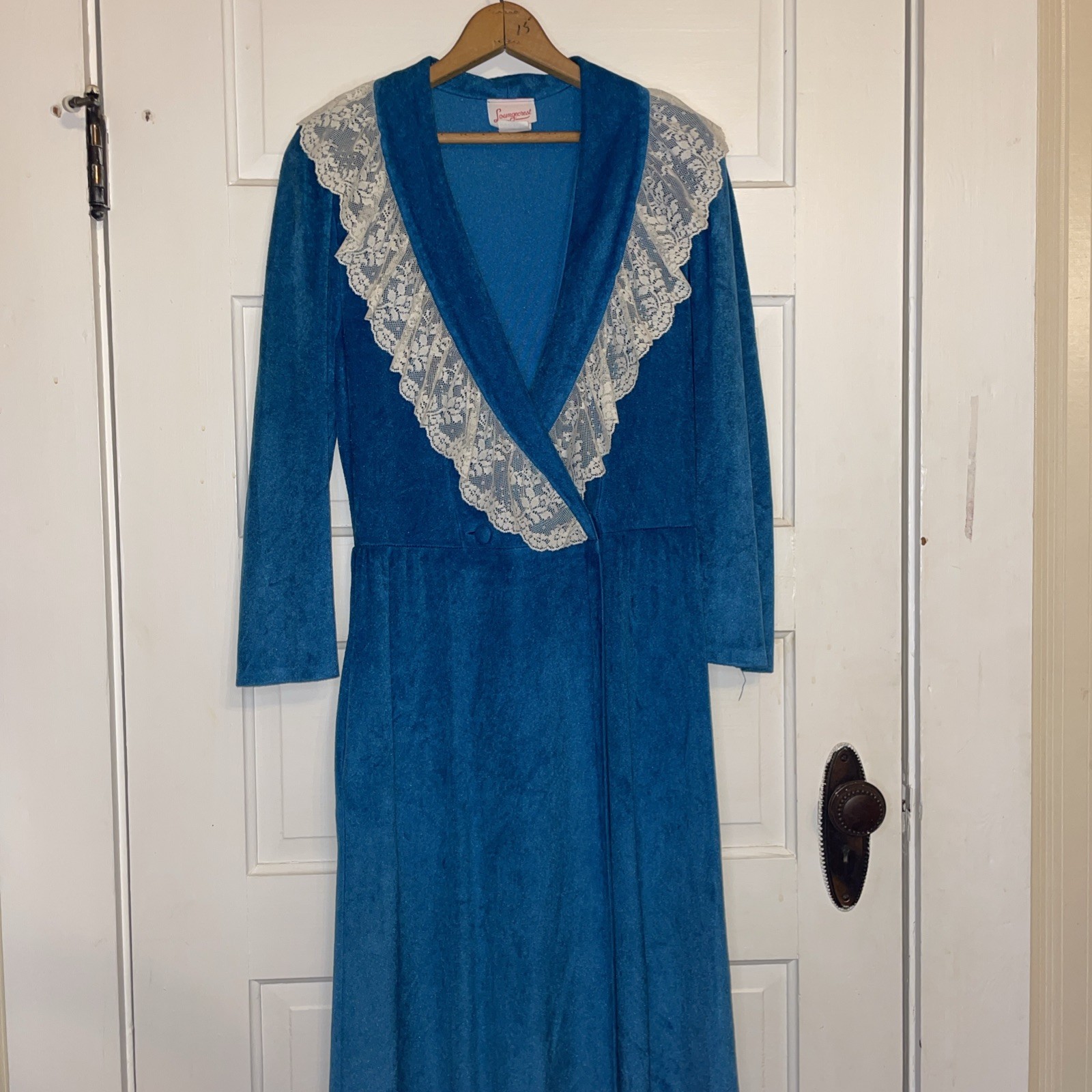 Vintage Teal Velvet Long Housecoat Lace Trim Grandma Granny Nostalgia M 12-14