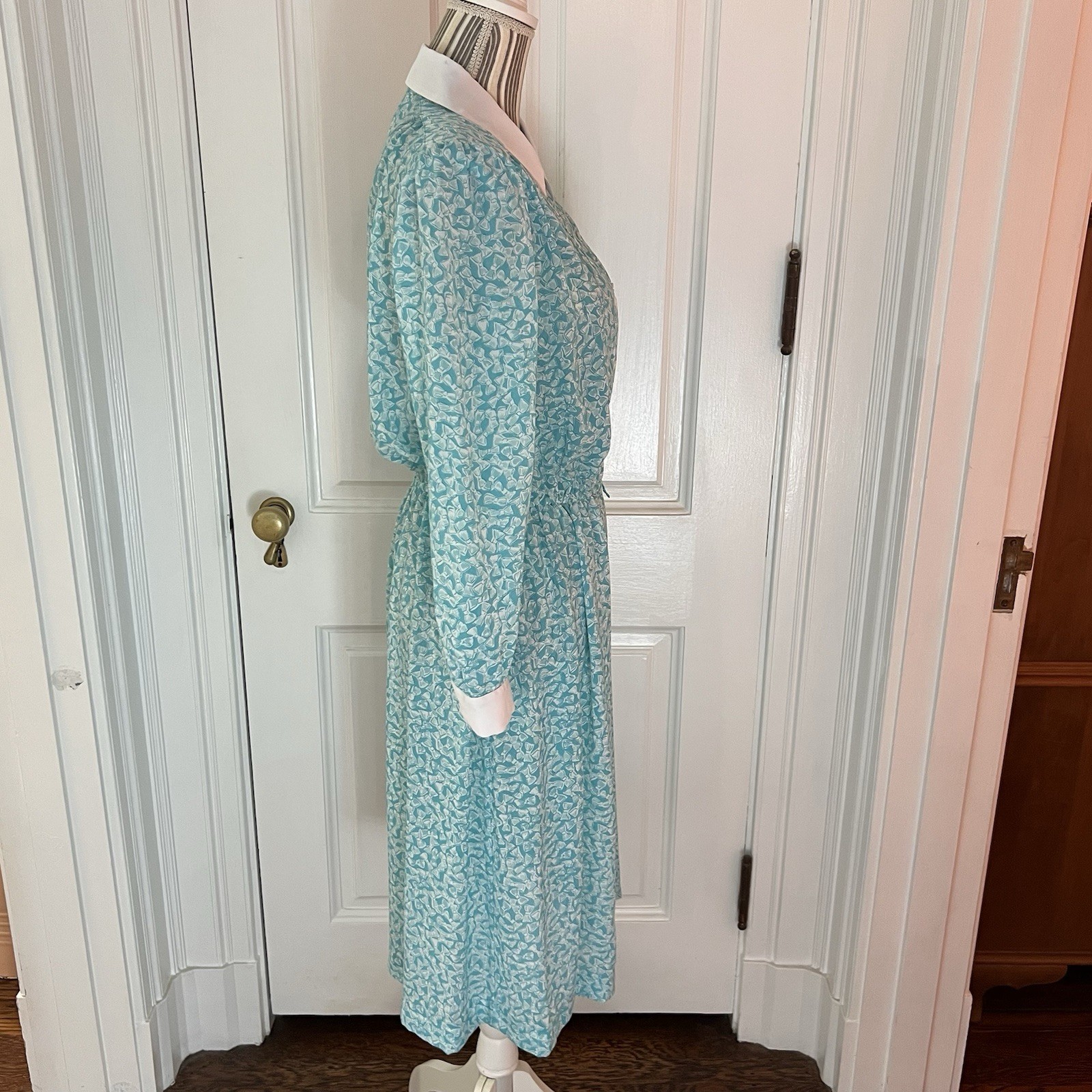 Vintage 80s Samantha Steven’s Petites Teal Bow Print Dress D151 Size 14
