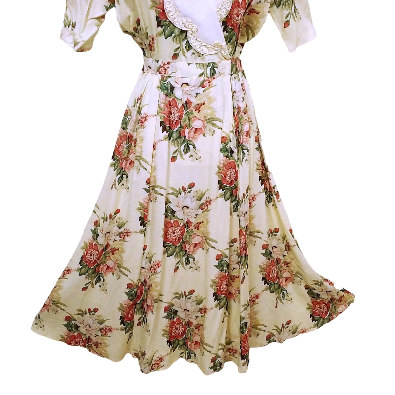 Vintage 80s Expo USA Floral Prairie Dress Lace Collar M(10) Puffed Shoulder Pads