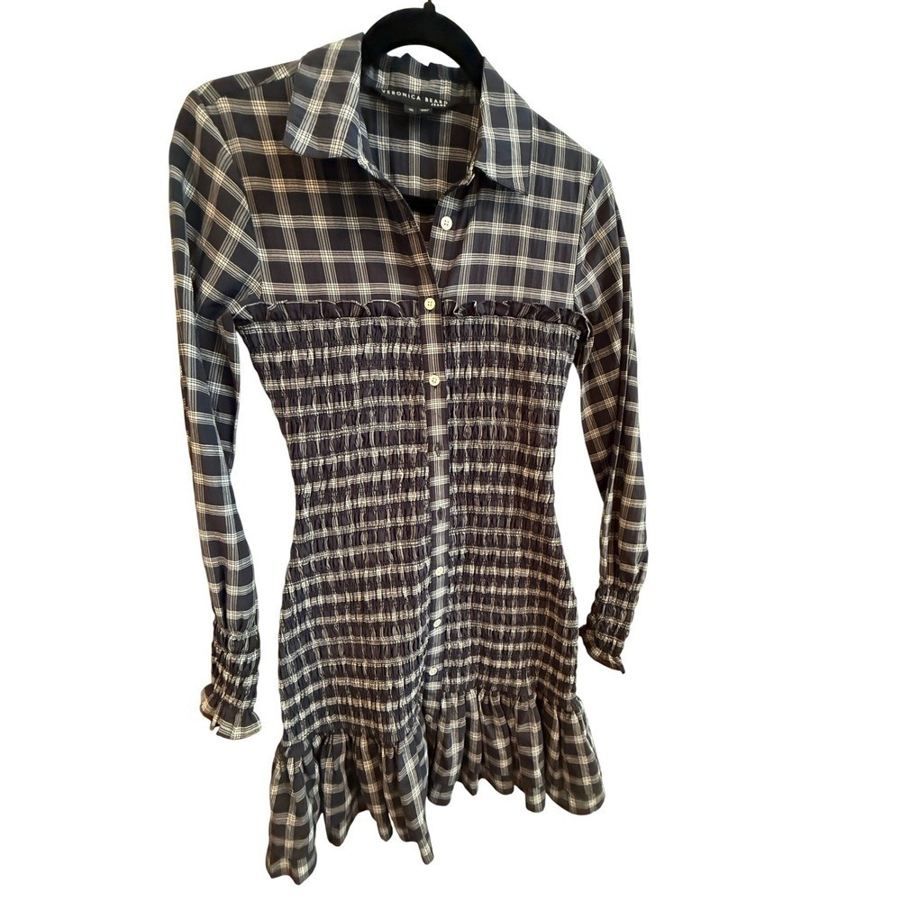 Veronica Beard Jeans Plaid Shirred Smocked Mini Shirt Dress Size XS Western