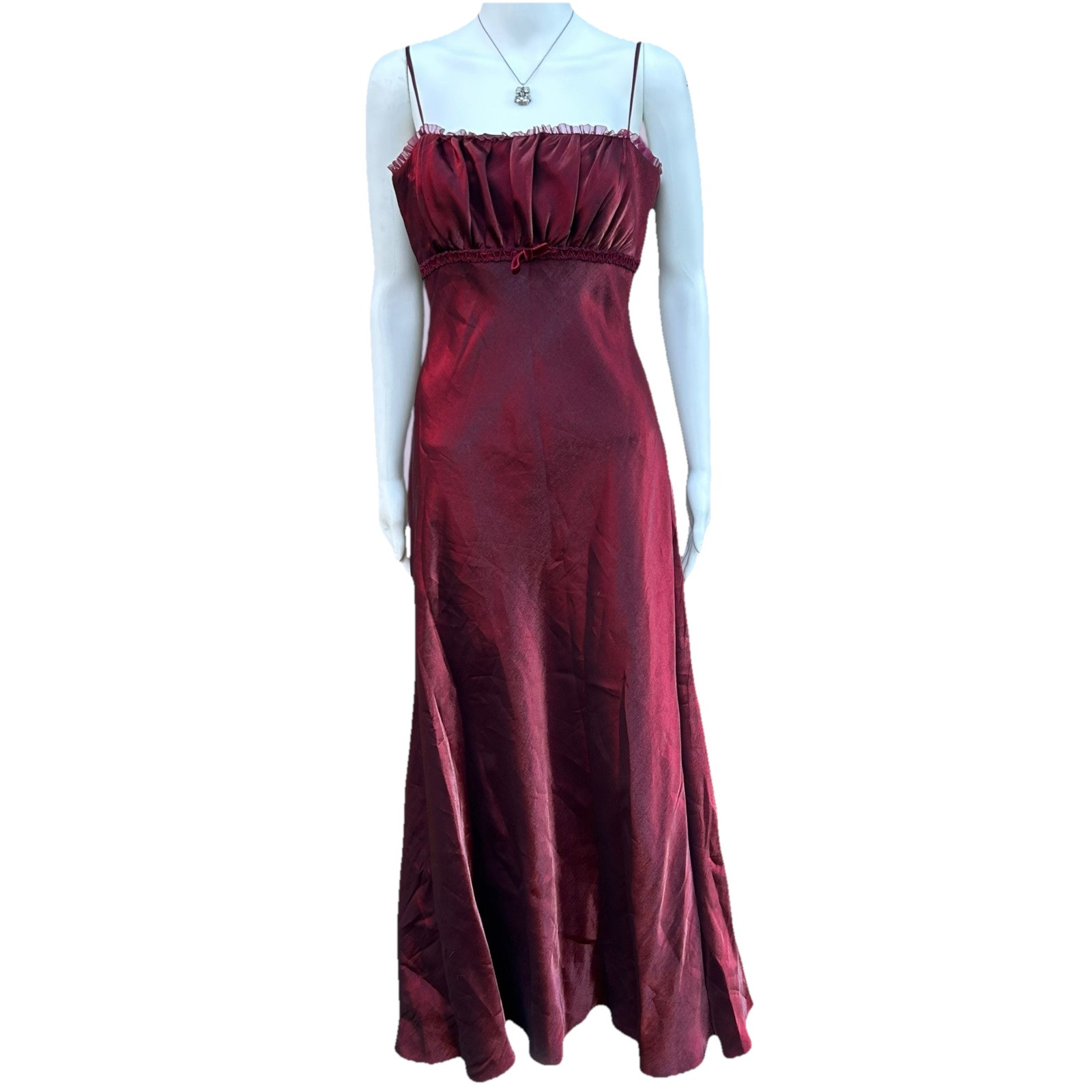 vintage 90s burgundy satin prom dress by David’s Bridal