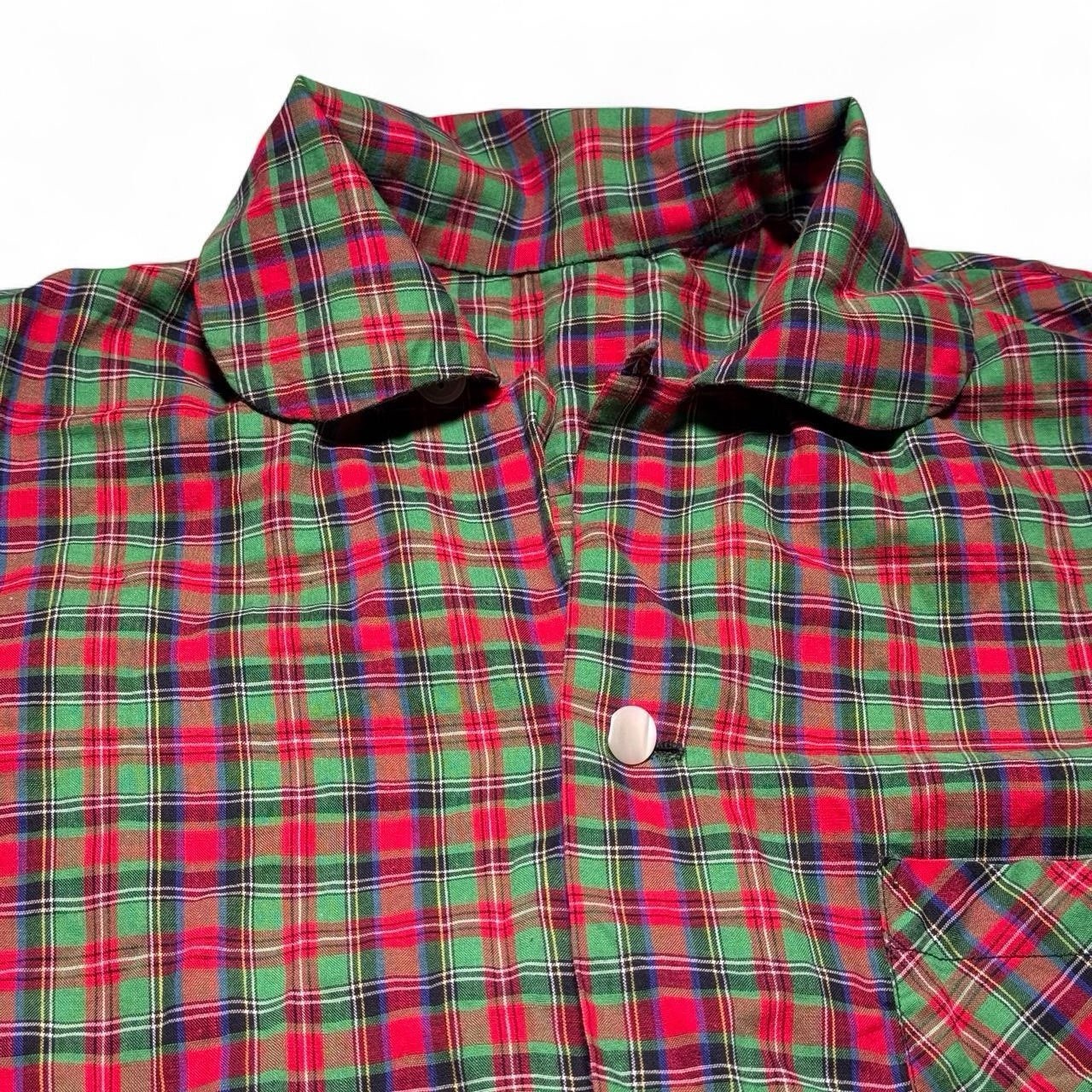 True Vintage 70s 60s Pearl Button Red Green Plaid Button-up Loop Collar Shirt M