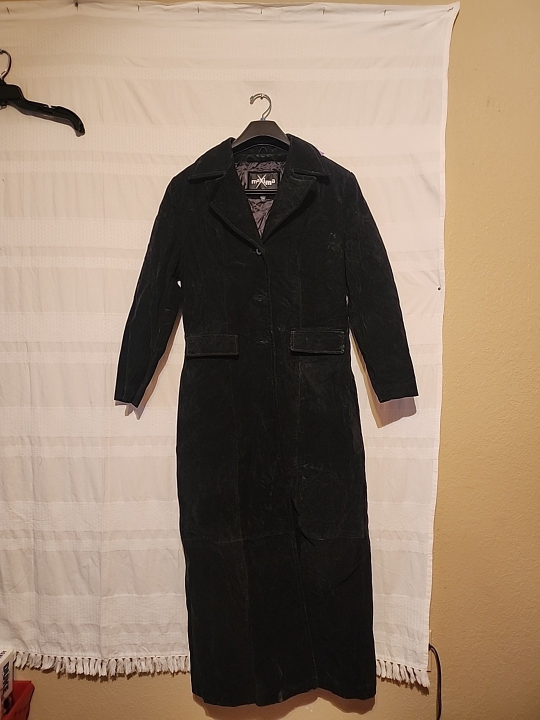 Vintage,Maxima Women’s Coat Leather Suede Size L Black Long