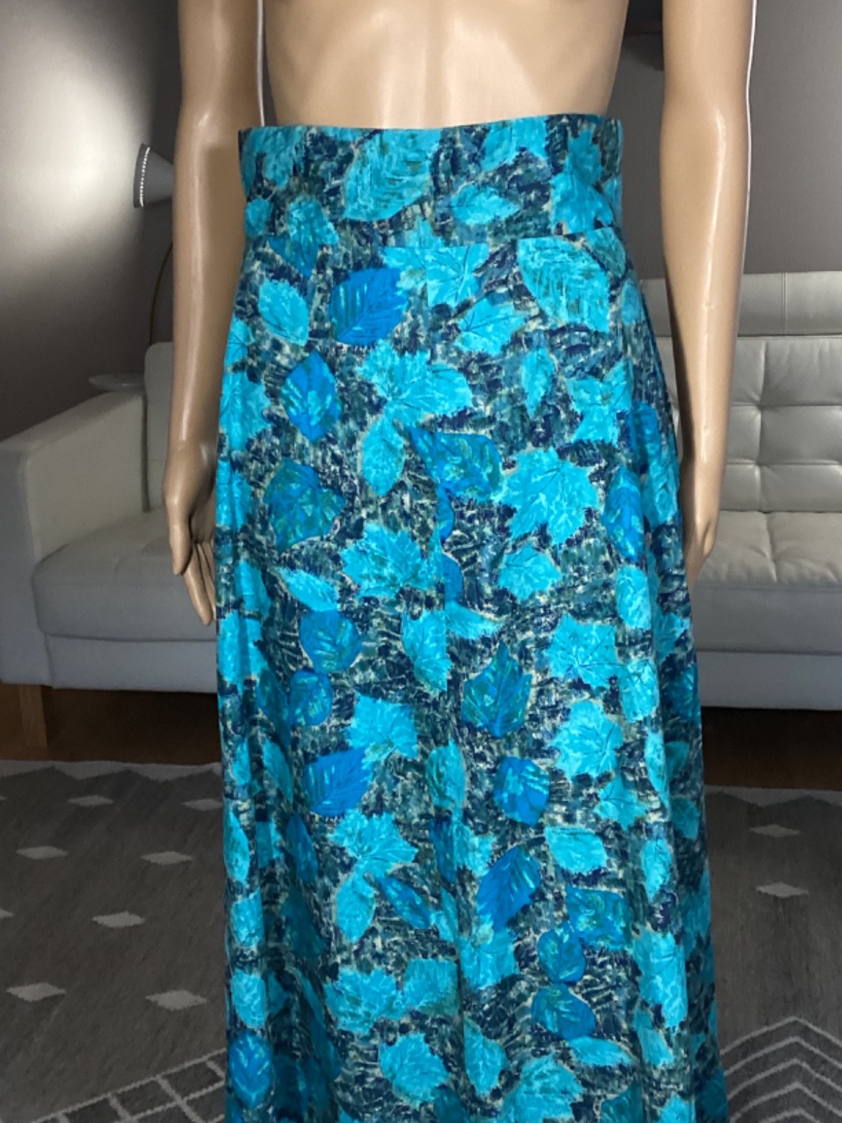Vintage 50s 60s Turquoise Blue Leaf Pattern Cotton Long Maxi Skirt