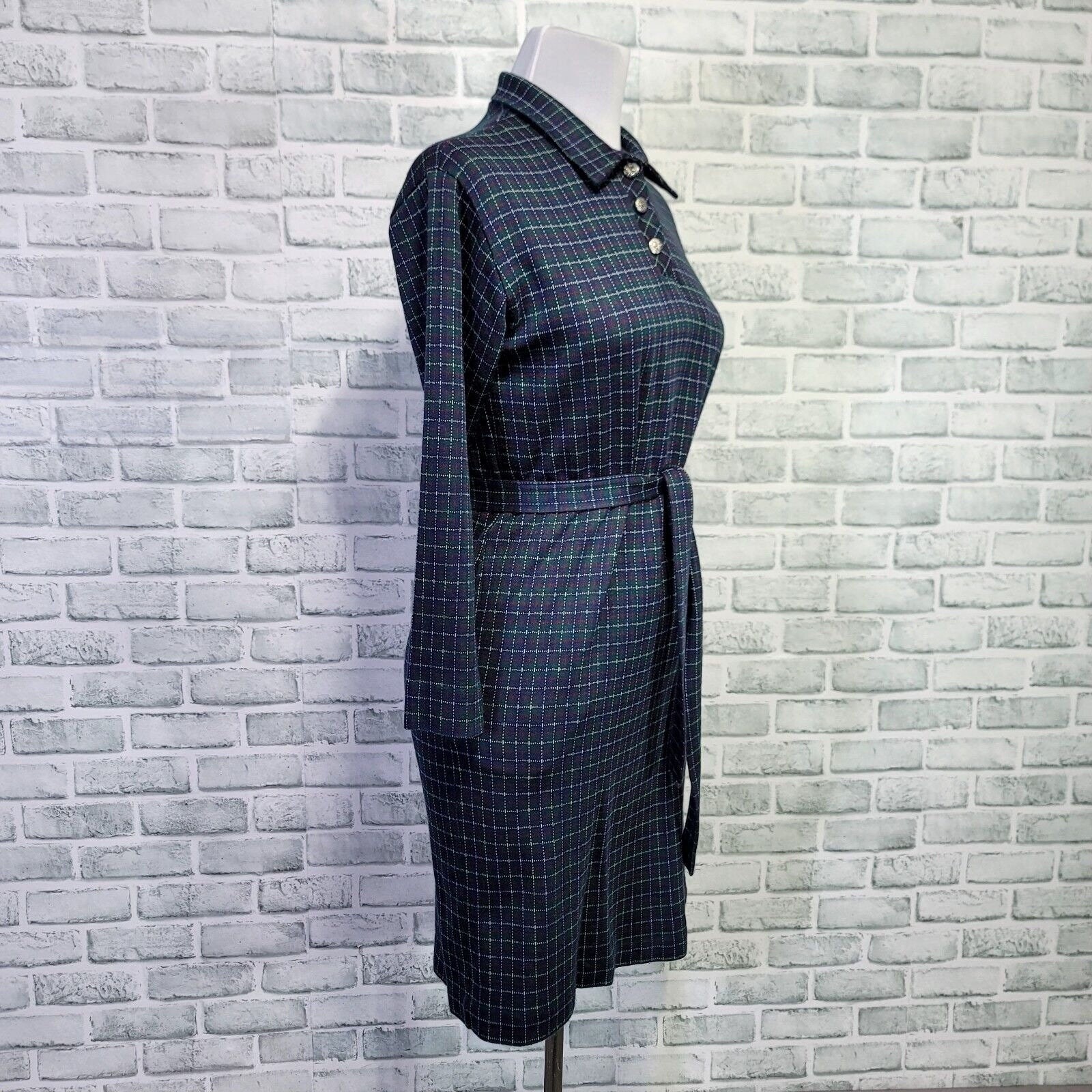 Vintage 90s The Tog Shop Womens M Green Plaid Shift Dress W/ Sash Belt