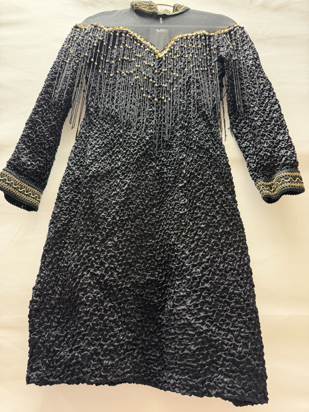 Vintage 4-U Stretch Dress XL Black Gold Beaded Made in New York USA