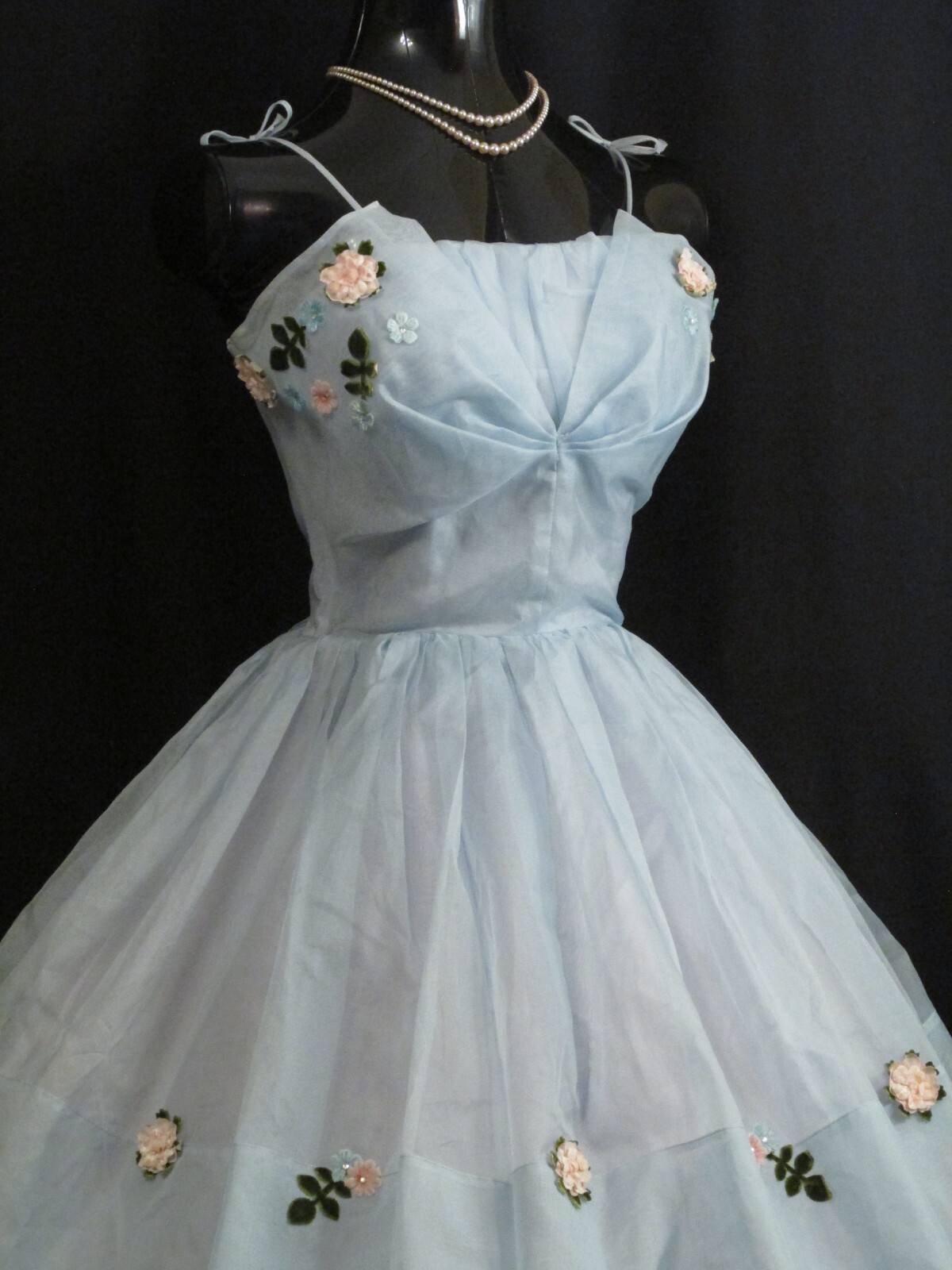 Vintage 50’s 50s Blue Applique Silk Chiffon Organza Party Prom Wedding DRESS